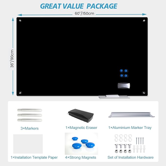 Magnetic Glass Dry Erase Board White Board Wall Mounted Whiteboard, Large Frameless White Board (Glassboard Black, 60" W x 36" H)