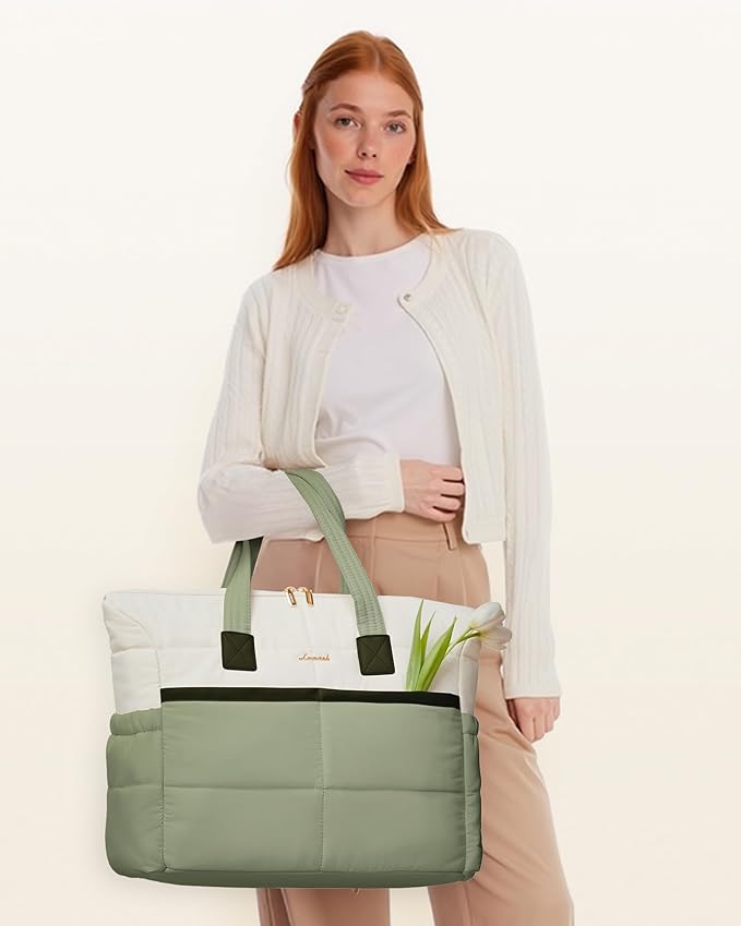 LOVEVOOK Tote Bag for Women,Light Puffer Tote Bag with Multi-pockets,Stylish Carry on Laptop Bags for Daily,Travel,Work,Gym
