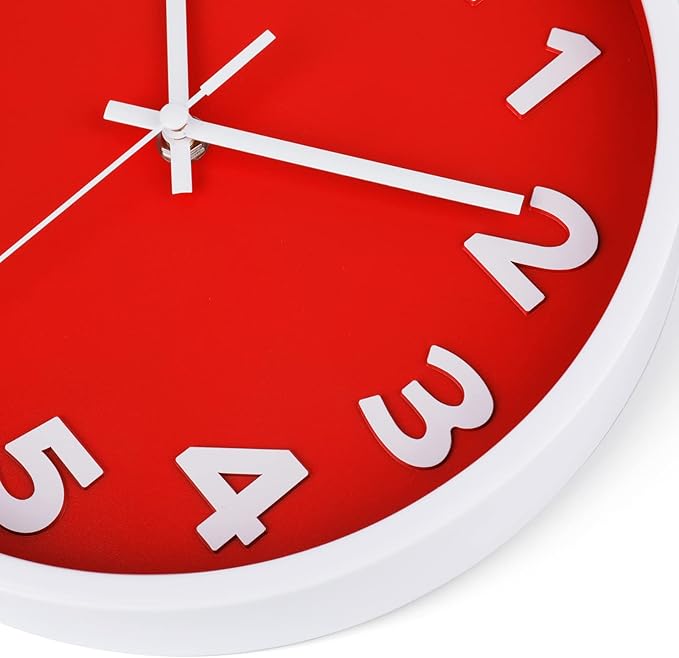 10 Inch Red Wall Clock with 3D Big Numbers, Modern Round Silent Quartz Clock, Easy to Read for Kitchen, for Home, Office, Farmhouse Decor