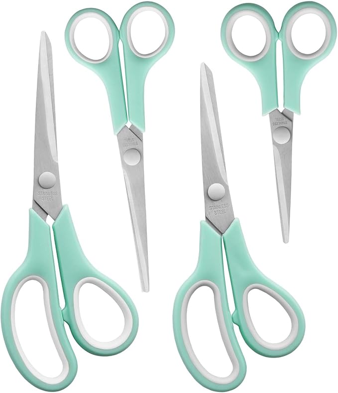 Craft Scissors Set of 4, Stainless Stee Blades, Sharp, Comfort Grip, Scissors All purpose for Office School Home Fabric Sewing DIY Craft Cutting, 8.5''/7.5''/6.7''/5.5'', Green