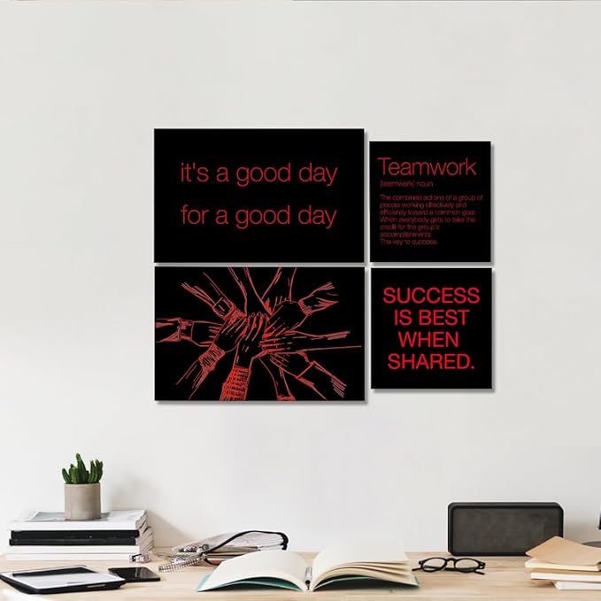 YEOION Inspirational Office Wall Art for Women,Motivational Teamwork Wall Decor for Office,Black and Red Postive Quote Workplace Canvas Wall Art for Set of 6