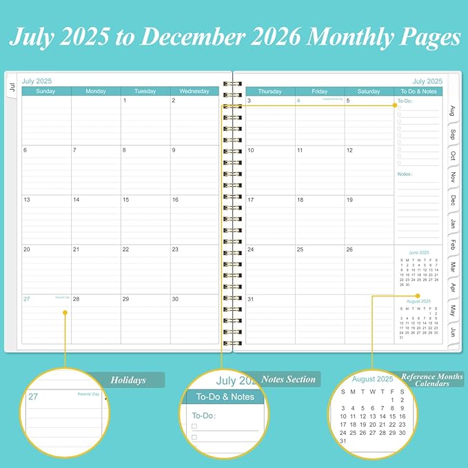 2025-2026 Monthly Planner - 18 Monthly Calendar, October 2025 - December 2026, Two Pages Per Month, 9" x11" Planner with Tabs, Strong Twin-Wire Binding, Inner Pocket, Teal Floral