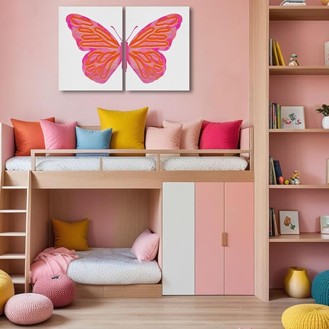 2PCs Pink Orange Butterfly Decorations Aesthetic Canvas Wall Art Butterfly Decor Preppy Framed Art Paintings Wall Decor Preppy Stuff Artwork College Apartment Room Decor Decorations Posters Prints