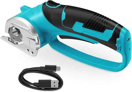 Cordless Electric Scissors, 4V Rechargeable Box Cutter & Cardboard Cutter with Titanium Blade, LED Light, Safety Lock - Rotary Cutter for Fabric, Leather, Carpet, Plastic, Crafting, Sewing(Turquoise)