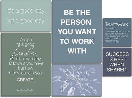 YEOION Inspirational Office Wall Art for Women,Motivational Teamwork Wall Decor for Office,Light Bule and Green Postive Quote Workplace Canvas Wall Art for Set of 6