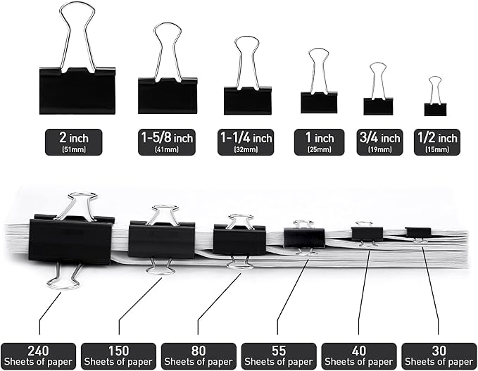 Medium Binder Clips, 36 Pack, 1 Inch, Standard 25mm, Black, Metal Fold Clamp, Capacity 0.47 Inch, Paper Clips, Office Clips, School & Home Use