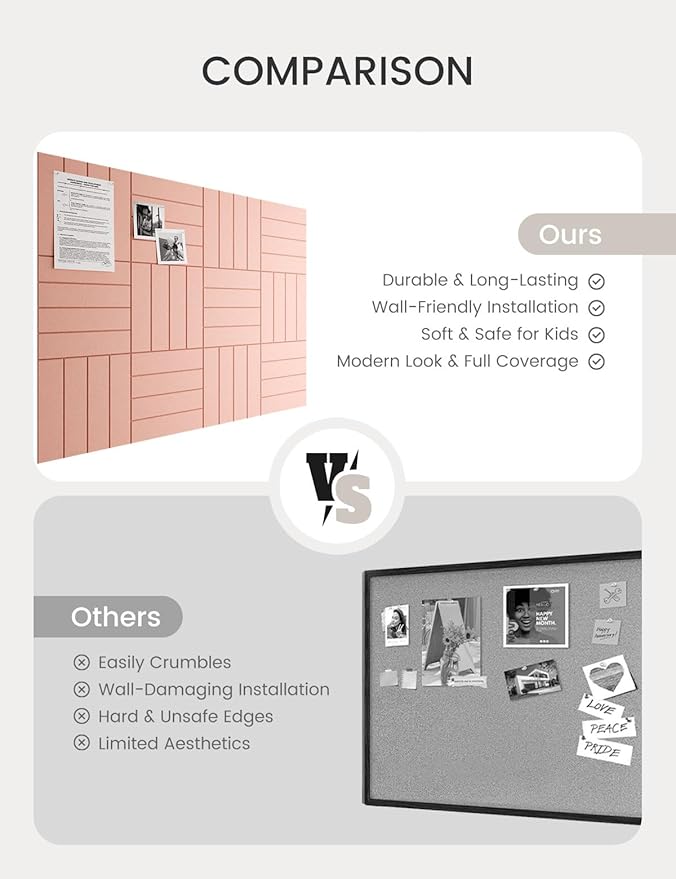 Bumusty Large Cork Board Alternative-47 x35 Felt Bulletin Board Tiles, with 30 Pushpins, 70 Adhesive Tabs, 12-Pack Slat Wall Paneling, Cork Boards for Office Push Pin Board Felt Board-Pink