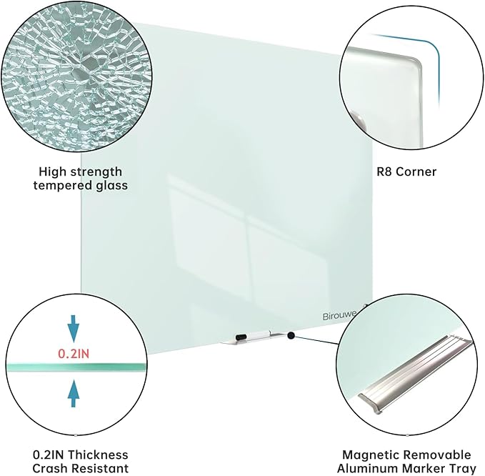Magnetic Glass Whiteboard - Glass Dry Erase Board 36"x24" Large Frameless Glass Board for Walls Office School and Home