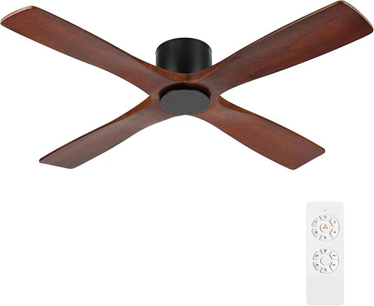 WINGBO 48 Inch Flush Mount DC Ceiling Fan without Lights, 4 Reversible Carved Wood Blades, 6-Speed Noiseless DC Motor, Hugger Ceiling Fan No Lights in Matte Black Finish with Walnut Blades, ETL Listed