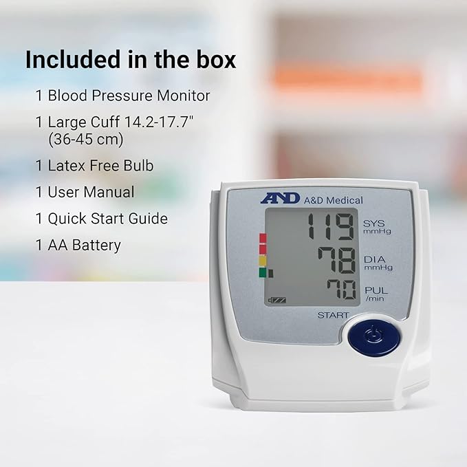 A&D Medical Blood Pressure Monitor for Home Use - UA-705VL, Large Cuff (14.2-17.7"/36cm-45cm), Easy to Use, 30 Reading Memory, Snapshot Averaging, Systolic & Diastolic Reading, Portable, 1 AA Battery