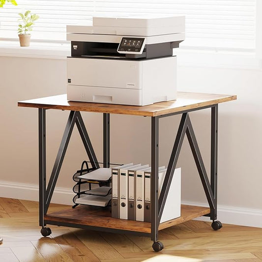 2-Tier Printer Stand, Printer Table with Storage, Industrial Printer Storage Cart with Wheels, Rolling Printer Stand for Heat Press Scanner Fax, Brown
