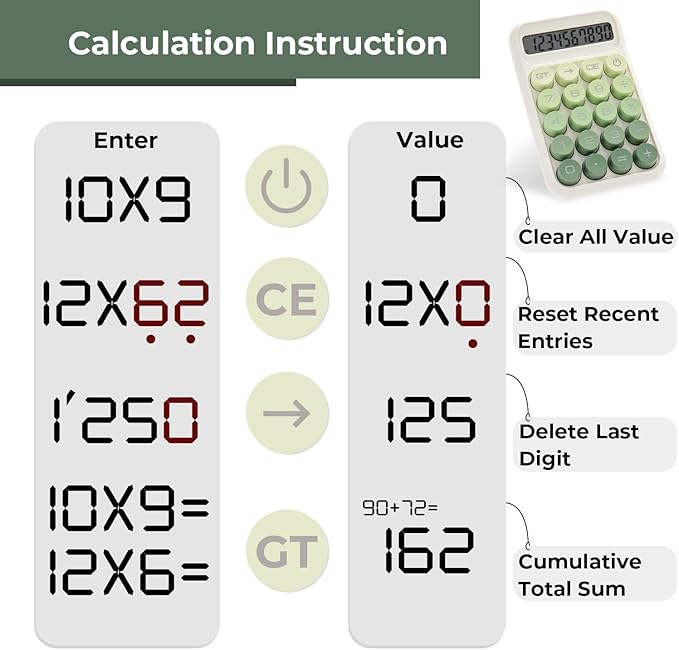 Y YOMA 1 Pack Mechanical Switch Calculator with 10 Digit Large LCD Display Big Button, Mini Cute Desktop Calculator 4 Function Basic Calculators for School Home Office Business, Leaf Green