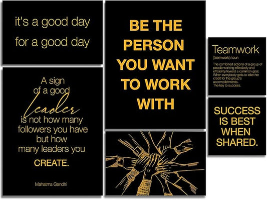 YEOION Inspirational Office Wall Art for Women,Motivational Teamwork Wall Decor for Office,Black and Yellow Postive Quote Workplace Canvas Wall Art for Set of 6