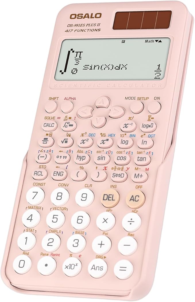 OSALO Scientific Calculator 417 Function 2 Line Written Display 10+2 Digits Solar and Battery Calculators for Students Secondary School College Pink (OS 991ES II)