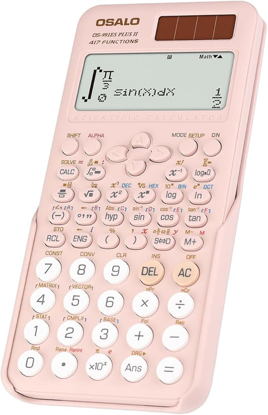 OSALO Scientific Calculator 417 Function 2 Line Written Display 10+2 Digits Solar and Battery Calculators for Students Secondary School College Pink (OS 991ES II)