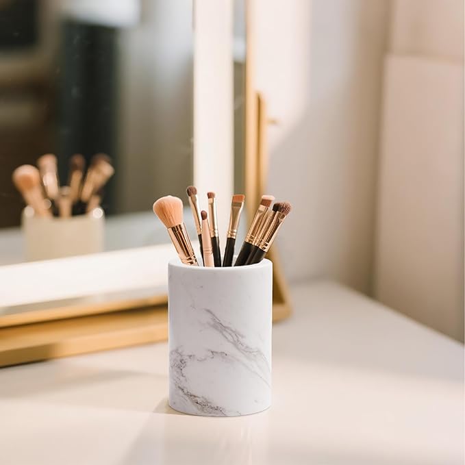 WORHE Natural Marble Pen Holder for Desk, Handcrafted Volakas Sturdy Desk Organizer for Office Supplies Storage Desktop Stationary Makeup Brushes Cup Pencil Holders for Home White (DL002)