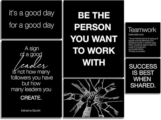 YEOION Inspirational Office Wall Art for Women,Motivational Teamwork Wall Decor for Office,Black and White Postive Quote Workplace Canvas Wall Art for Set of 6
