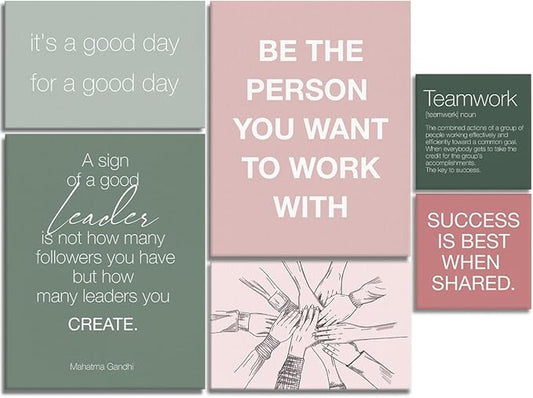 YEOION Inspirational Office Wall Art for Women,Motivational Teamwork Wall Decor for Office,Light Pink and Green Postive Quote Workplace Canvas Wall Art for Set of 6