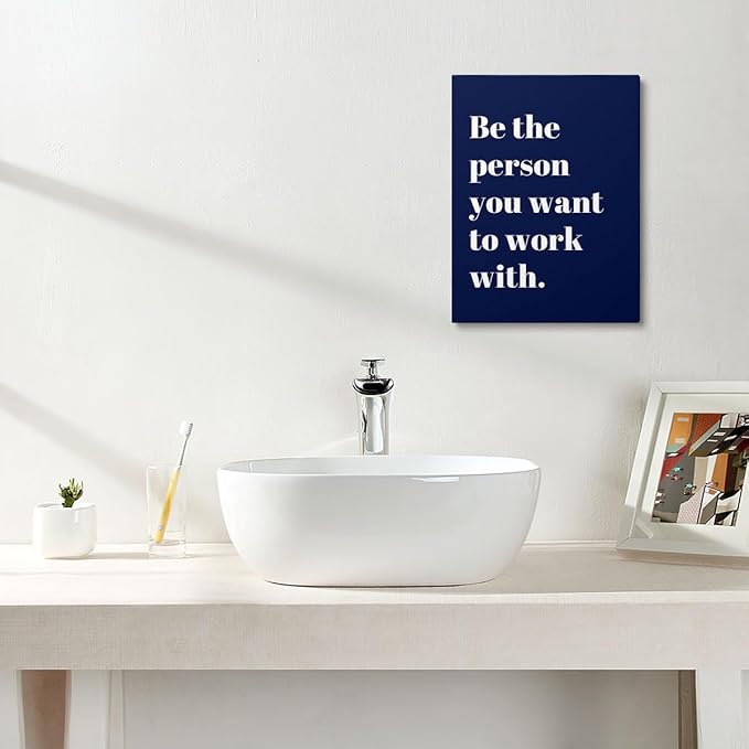 XWELLDAN Be The Person You Want to Work With Inspirational Quote Wall Art Canvas Prints,Team Work Motivational Quotes Wall Art Decor for Home Office Workplace, 11 x 14 Inch, Framed(Navy blue)