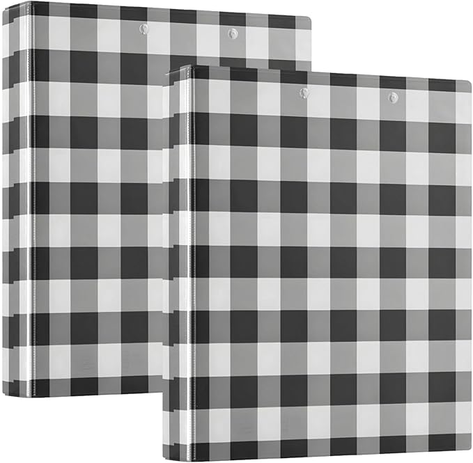 1 Pack 3-Ring Binders - Black White Buffalo Plaid 1.5 inch Round Ring Binder with 3 Clear Pockets, Clipboard & Holds 200 Sheets for Office/School/Home Organization