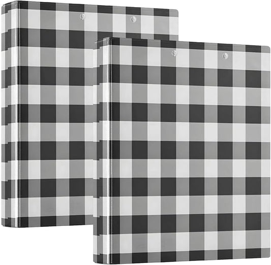 1 Pack 3-Ring Binders - Black White Buffalo Plaid 1.5 inch Round Ring Binder with 3 Clear Pockets, Clipboard & Holds 200 Sheets for Office/School/Home Organization