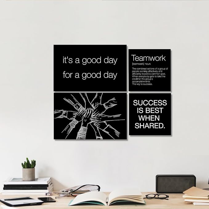 YEOION Inspirational Office Wall Art for Women,Motivational Teamwork Wall Decor for Office,Black and White Postive Quote Workplace Canvas Wall Art for Set of 6