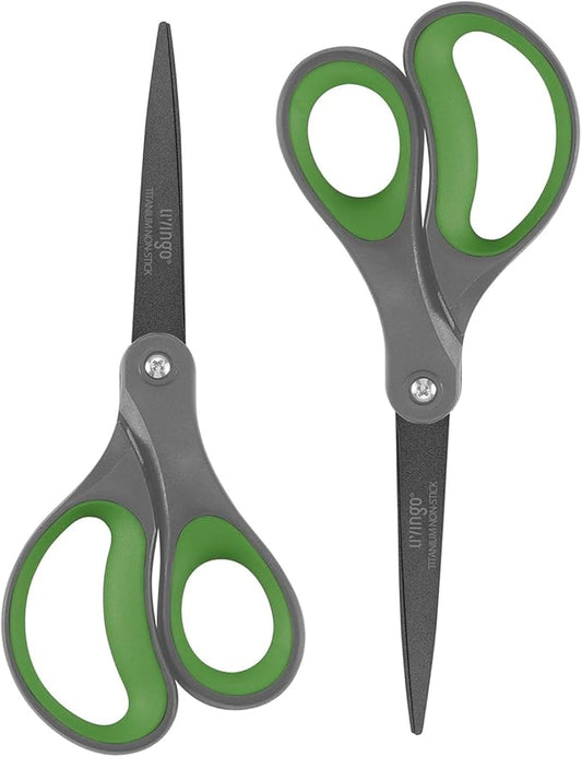 LIVINGO Sharp Scissors All Purpose - 2 Pack 8 Inch Titanium Coated Non Stick Steel Shears Heavy Duty for Office Home School Sewing Crafting Cutting Paper Fabric, Comfortable Grip (Gray & Green)