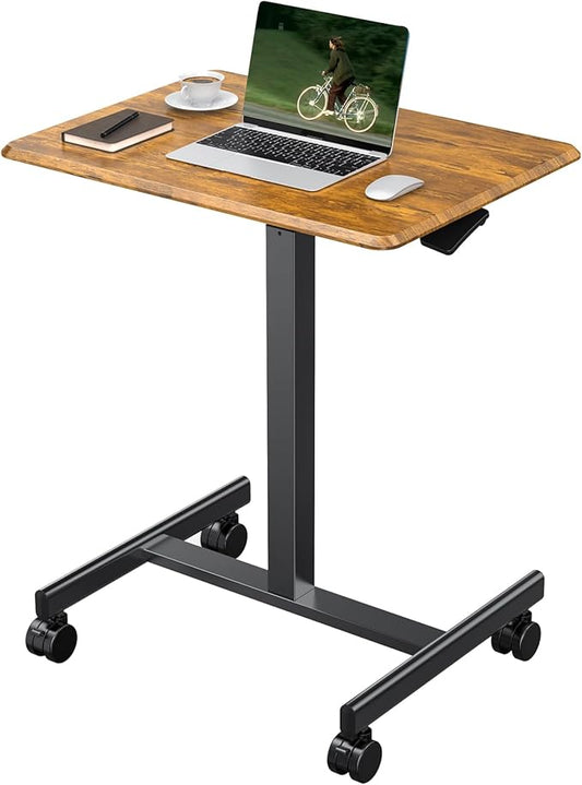 NEWBULIG Rolling Standing Desk Adjustable Height Brown, Mobile Standing Desks with Wheels, Portable Table Medical Rolling Computer Cart, Podium Stand with Metal Frame for Teacher Classroom Laptop