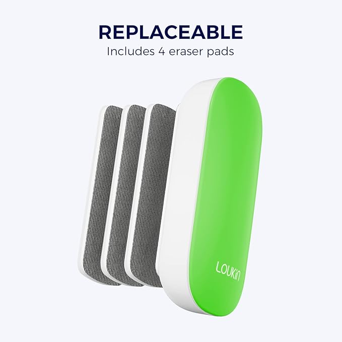 loukin Replaceable Dry Erase Eraser, Magnetic Whiteboard Eraser with 3 Replaceable Felt Pads, 4-in-1 Glass Whiteboard Erasers, 3.4 fl oz Cleaner Included(Green)