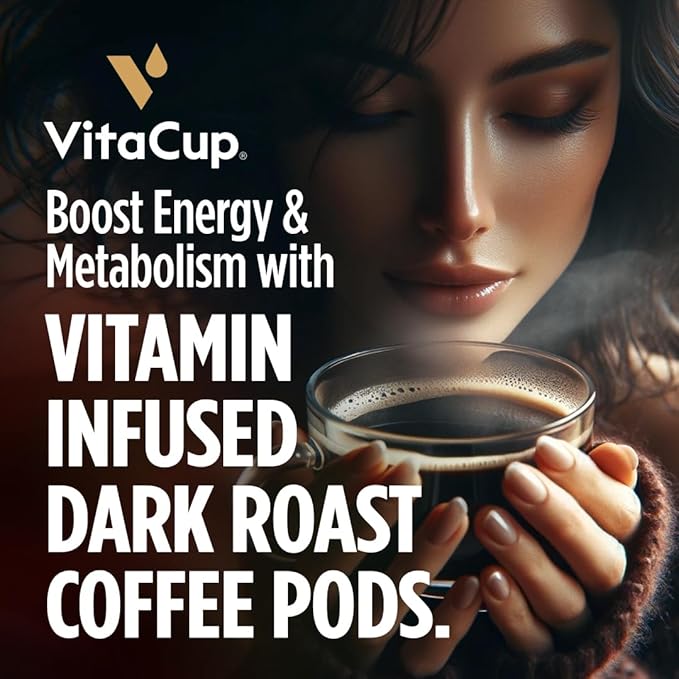 VitaCup Energy Dark Roast Coffee Pods, Boost Focus & Metabolism, Antioxidants, B Vitamins, Bold & Smooth,100% Arabica Coffee, Recyclable Single Serve Pod Compatible with Keurig K-Cup Brewers,32 Ct
