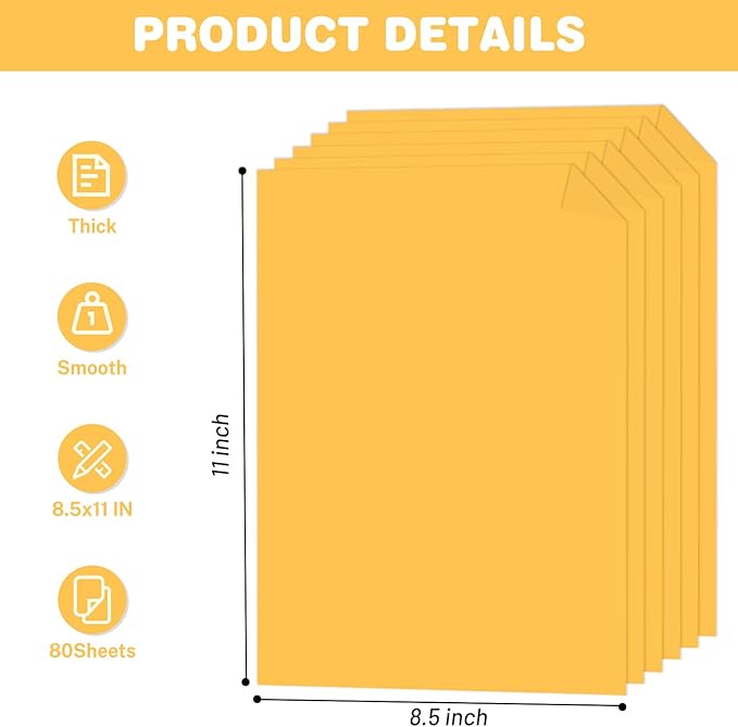 Yellow Cardstock 8.5 X 11, 80 Sheets Card Stock, 75lb/ 200gsm Copy Paper, Cardstock Printer Paper For Art, Drawing, Invitations, DIY Cards, Watercolor, Craft, Construction, School & Office Supplies