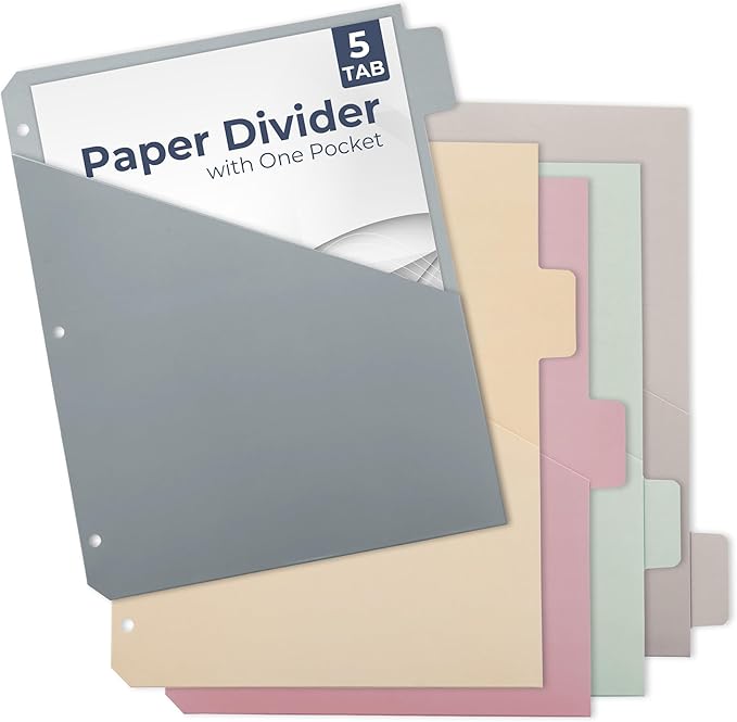 Y YOMA Colored 3 Ring Binder Dividers with Pocket Letter Size Paper Binder Tabs Page Dividers Cute Decorative Binder Index Dividers for Office School Home with 1/5-Cut Tabs, Fashion Color(5 Sheet)