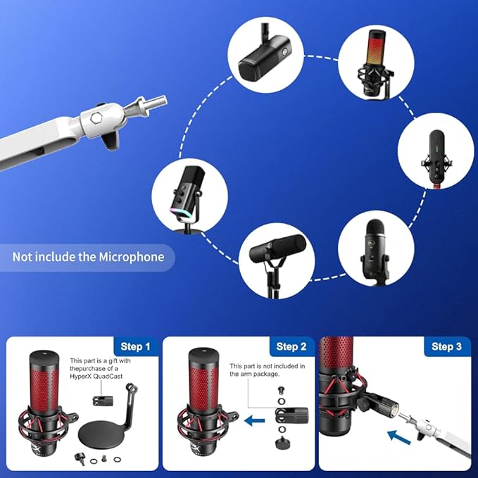 Low Profile Mic Arm Microphone Boom Arm Professional Adjustable with 15cm Riser Solid Desk Mount Clamp Cable Management Microphone Holder Stand for Podcast Streaming Gaming Mic Stand White