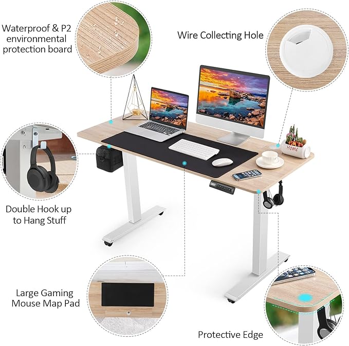 farexon Electric Standing Desk 63 x 24In with Outlets, Adjustable Height Stand up Desk with Large Mouse Pad, Double Hooks and 4 Wheels, 27''-46'' Lifting Range, Easy to Set for Home/Office(Oak Gray)