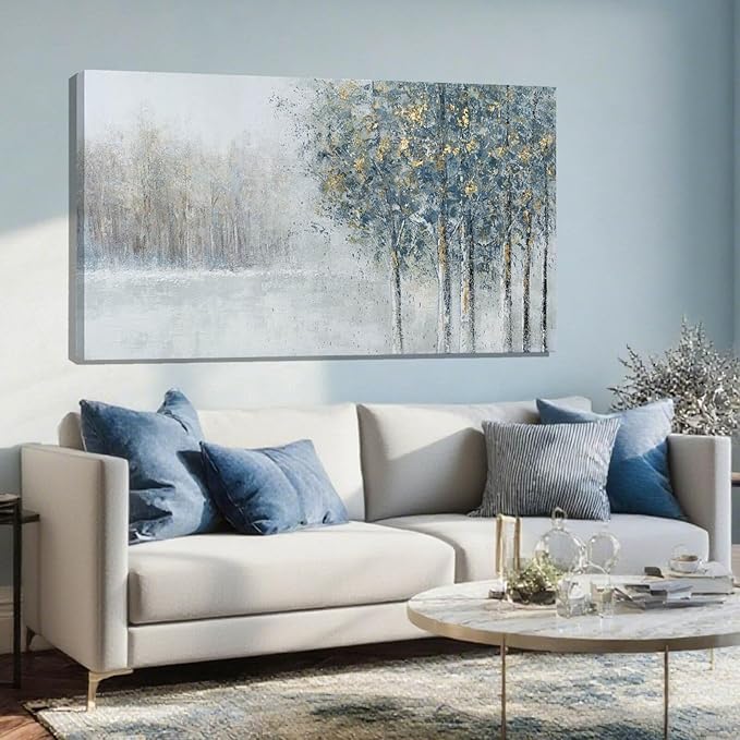 ZENPEE Abstract Forest Canvas Wall Art, 20x40 Inch Blue and Gold Tree Painting, Modern Nature Landscape Artwork for Living Room Bedroom Office Decor, Ready to Hang
