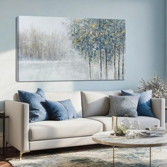 ZENPEE Abstract Forest Canvas Wall Art, 20x40 Inch Blue and Gold Tree Painting, Modern Nature Landscape Artwork for Living Room Bedroom Office Decor, Ready to Hang