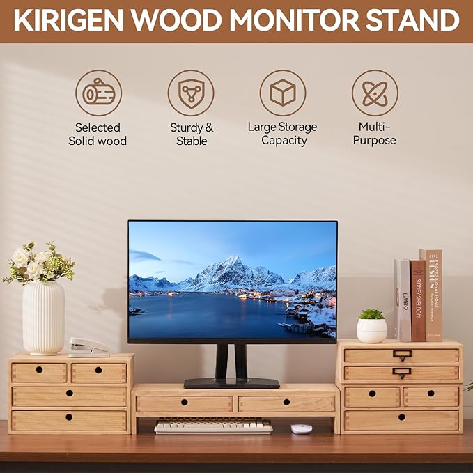KIRIGEN Wood Monitor Stand with 2 Drawers - Computer Arm Riser Desk Storage Organizer,Speaker TV Laptop Printer Stand with Pen Slot and Cable Management,2-Tier Desktop Shelf NA-2PMJ