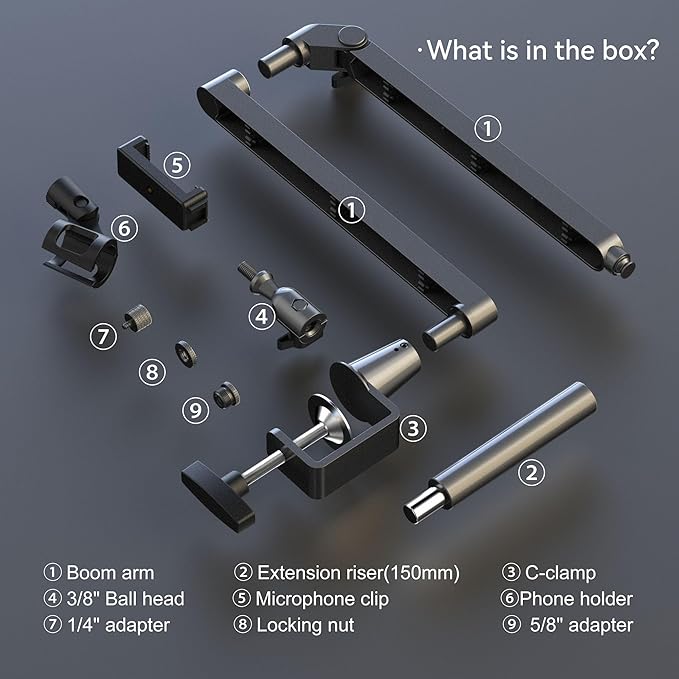 Low Profile Mic Arm 15cm Extra Riser Adjustable Mic Boom Arm Metal Desk Mounted Microphone Stand Cable Management Flexible Microphone Holder for Podcast Streaming Gaming Desktop