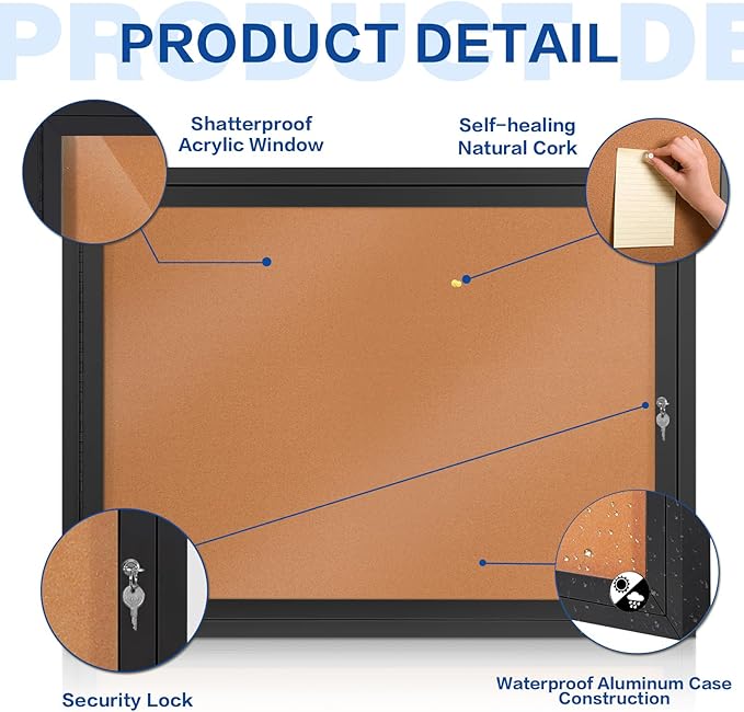 SWANCROWN Outdoor Bulletin Board 37x28in, Enclosed Bulletin Board with Locking Door Wall Display Case for Office School Commerce, Cork, Black Aluminum Frame (8xA4)