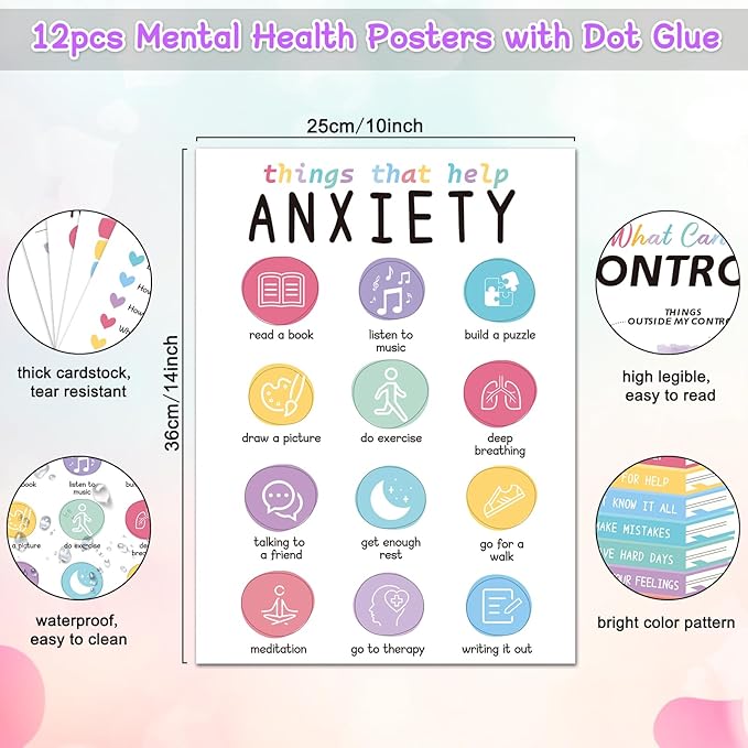 12PCS Mental Health Posters, Anxiety Therapy Motivational Poster Counseling Office Must Haves, 10’’x14’’ School Counselor Supplies, Mental Health Wall Art Decor Home Classroom Inspirational Posters