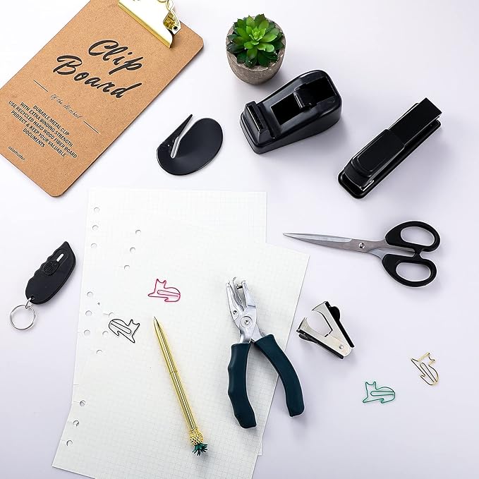 Tenare 7 Pcs Black Office Supplies Desk Accessory Kit, Stapler and Tape Dispenser Set with Stapler Remover, Single Hole Punch, Scissors, Telescopic Knife Keychain, Envelope Slitter Mail Opener