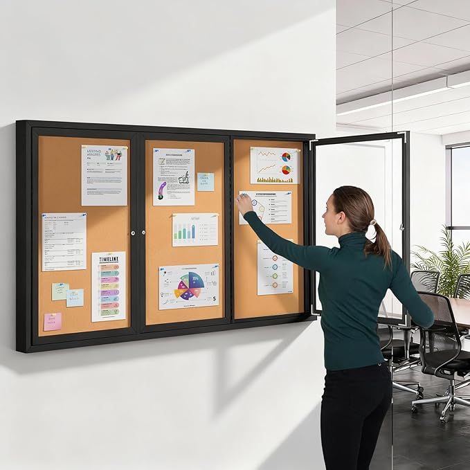 SWANCROWN Outdoor Bulletin Board 70x36in, Enclosed Bulletin Board with Locking Door for Office School Commerce, Cork, Black Aluminum Frame