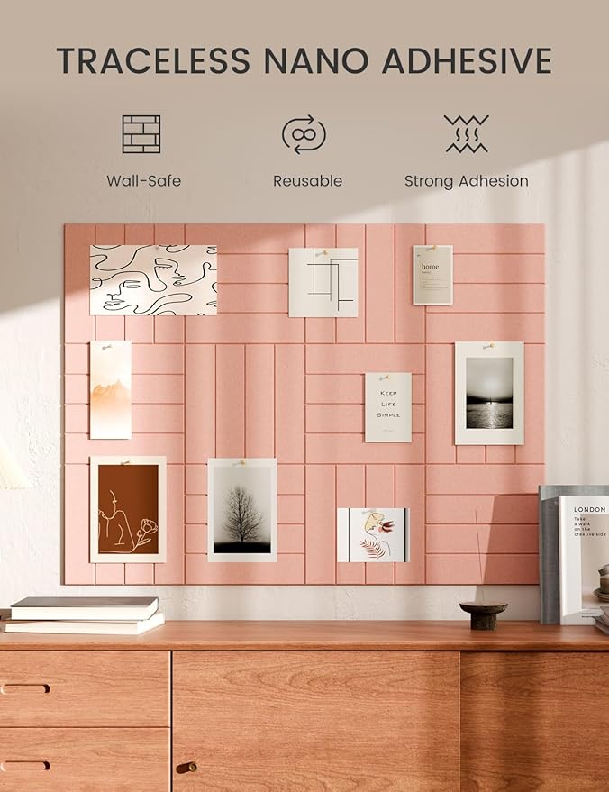 Bumusty Large Cork Board Alternative-47 x35 Felt Bulletin Board Tiles, with 30 Pushpins, 70 Adhesive Tabs, 12-Pack Slat Wall Paneling, Cork Boards for Office Push Pin Board Felt Board-Pink