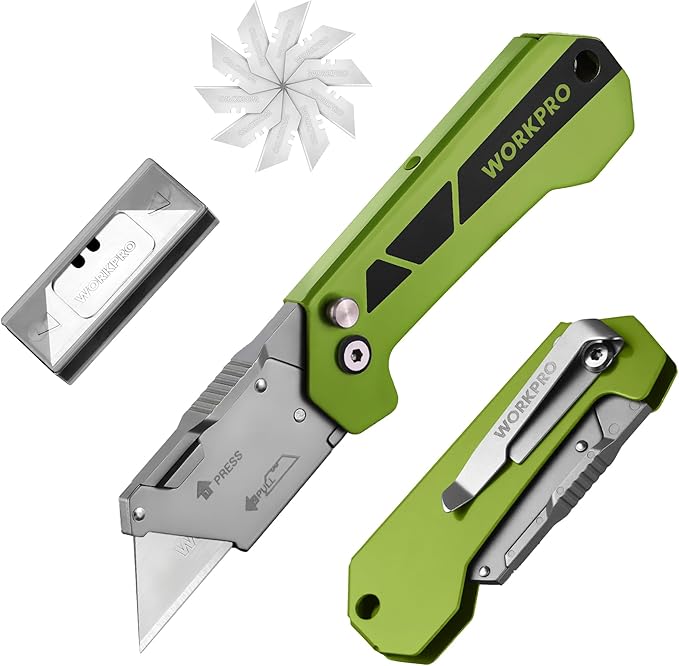 WORKPRO Box Cutter, Utility Knife Quick Change Blade Razor Knife, Folding Pocket Knife with Belt Clip and Axis Lock, 10 Extra Blades Included, Green