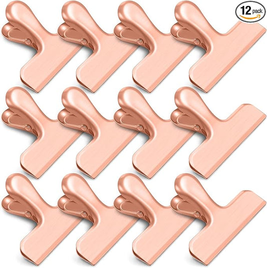 Chip Clips, 12 Pack Bag Clips, Stainless Steel Chip Clip, Metal Clip for Food, Air Tight Seal Great for Kitchen Home Office(Rose Gold)