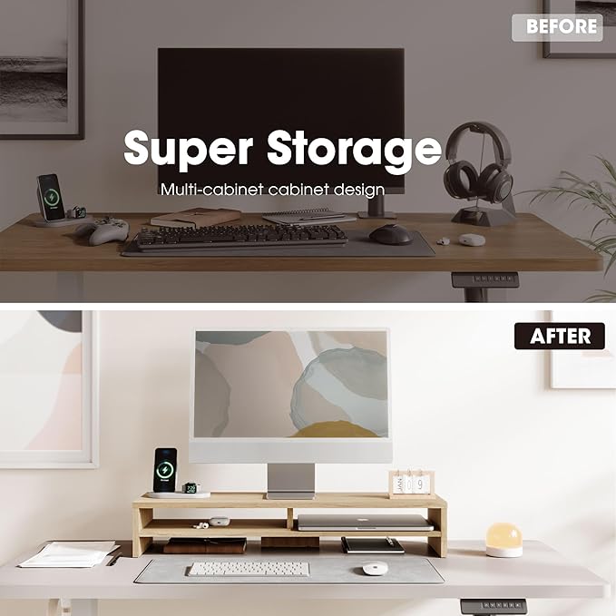 Fenge Monitor Stand, 31.5 Inch Computer Monitor Riser for Desk, 2 Tiers Wood Desk Shelf with Storage, Desktop Organizer for PC, Laptop, Screen, Printer