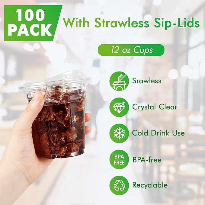 [100 PACK] 12 oz Clear Plastic Cups With Strawless Sip Lids, Disposable Plastic Cups With Sip Through Lids for Ice Coffee, Smoothie, Slurpee, or Any Cold Drinks