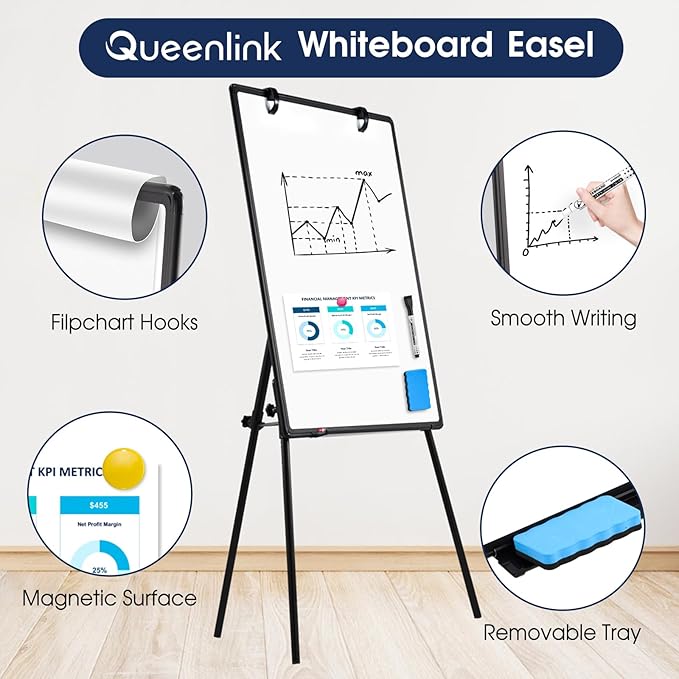 Magnetic Whiteboard Easel, 36"x24" Height Adjustable Dry Erase Board with Stand, Large Aluminium Frame White Board for Teaching, Flipchart Standing Writing Board for Office，Home (Black)