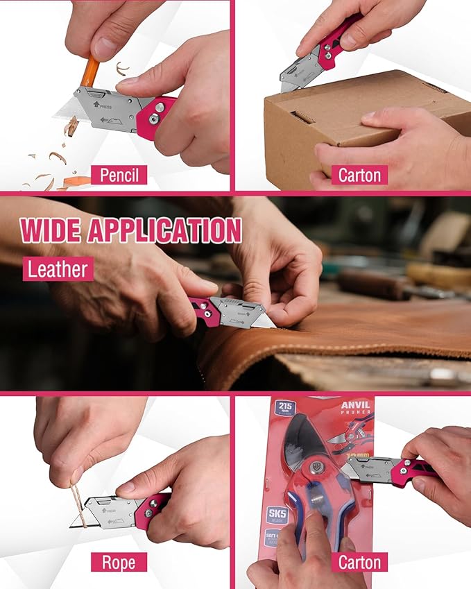 WORKPRO Box Cutter, Utility Knife Quick Change Blade Razor Knife, Folding Pocket Knife with Belt Clip and Axis Lock, 10 Extra Blades Included, Pink