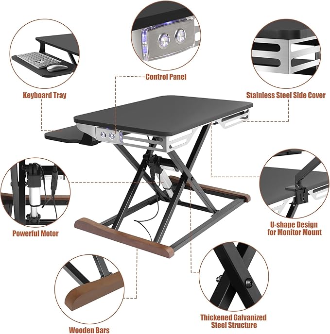 Electric Standing Desk Converter with Keyboard Tray, 26x16 Inch, Height Adjustable Sit to Stand Desk Riser with Unique Side Cover and Wooden Feet, Small Motorized Monitor Riser for Office & Home